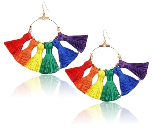 Regenbogen Ohrringe Damen,Karneval Regenbogen Ohrringe Accessoires Bunt Earrings Hängend Rainbow Schmuck Zubehör Konfetti Fasching Hippie Quasten Creolen Bunte Earring Modeschmuck für Carnival Frauen