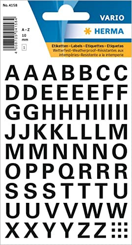 HERMA Buchstaben Aufkleber Schwarz, 740 Stück, Schriftgröße 10 mm, selbstklebend, wasserfest, wetterfest, klein, Alphabet Sticker Klebebuchstaben A-Z aus Folie zum Aufkleben, transparent