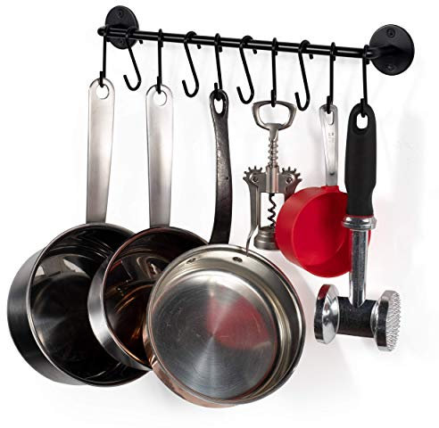Steel Gourmet Kitchen 16 Inch Wall Rail and 10 S Hooks Set Utensil Pot Pa Lid Rack Storage Organizer (Black)