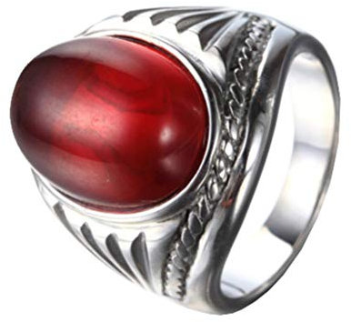 OAKKY Unisex Edelstahl Uralt Oval Edelstein Tiger Auge Ring Silber Rot Größe 66 (21.0)
