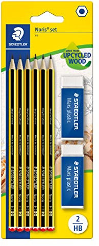 STAEDTLER Bleistifte-Set Noris 120, Made from Upcycled Wood, Härtegrad HB, 6 x Bleistifte und 2 x Mars Plastic Radierer, hohe Qualität Made in Germany, 120 R BK6D