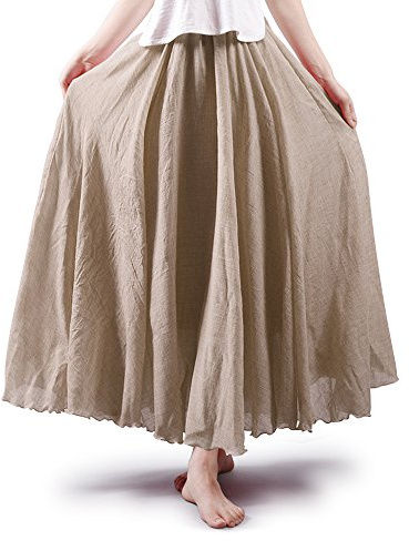 Phorecys Women's Bohemian Style Elastic Waist Band Cotton Linen Long Maxi Skirt Dress Off White 85CM Length