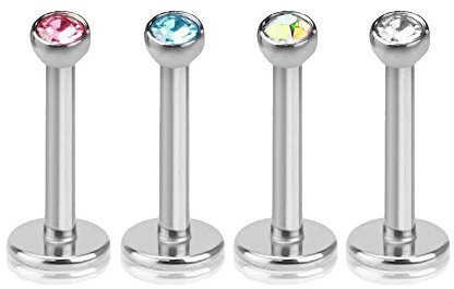 viva-adorno 4 Stück Lippen Piercing Stecker Tragus Labretstecker Zirkonia Edelstahl Innengewinde 1,2 x 6mm Z188, Set gemischt