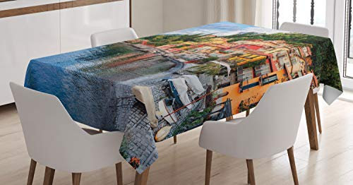 ABAKUHAUS Italien Tischdecke, Yacht Idyllische Stadt, Wasserfest Waschbar mit Klar Sichtbaren Farben kein Verblassen Personalisiert, 140 x 170 cm, Blau Beige Grün
