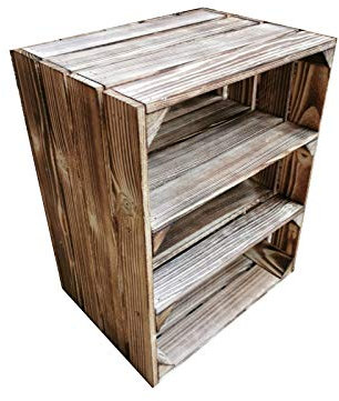 Teramico Holzkiste 50 x 40 x 30cm - Vintage-Look geflammt - Weinkiste Obstkiste Set Dekoration (Einzel - Kiste, 2 x Ablage Kurz)