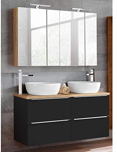 Lomadox Badezimmer Set 120 cm Doppel Waschtisch inkl. 2 Aufsatzwaschbecken, 2 Spiegelschränke inkl. LED A++, in seidenmatt anthrazit & Wotaneiche