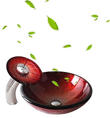 HomeLava Mini Gehärtetes Glas Waschbecken Aufsatzwaschbecken Klein Handwaschbecken Rund mit Wasserfall Wasserhahn und Ablaufgarnitur für Gäste WC Bad Rot 30cm