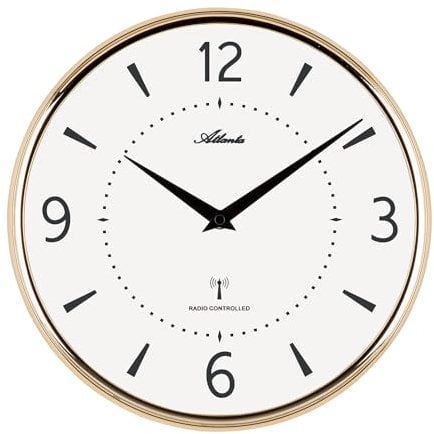 Atlanta 4538/9 Funk-Wanduhr, Gold, puristische Optik, Kunststoff-Gehäuse, gewölbtes Mineralglas, 4 Zahlen, 29 cm