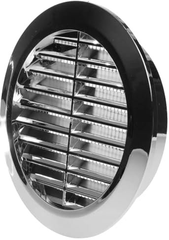 Chrome Louvred Wall Vent Grille with Flyscreen for Ø 100 mm / 4 Round Wall Outlet - Air Ventilation Duct Cover with Anti-Insect Mesh and Rear Spigot, Tough and Durable ABS Plastic