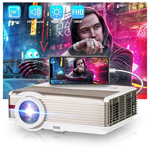 1080P LED Projector 9000 LM, 200'' Display Home Theater Outdoor Movie Video Gaming Projector Supports Digital Zoom Ceiling Mounted,Compatible with HDMI/USB/AV/Smartphone/Pad/ Laptop/DVD/TV Stick/PS5