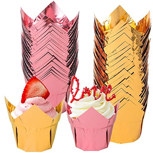 Webake Tulpen Muffinförmchen Papier Groß Cupcake Papierförmchen 100 Stück Muffin Förmchen Aluminium-Folien in Gold und Rosa für Muffin Cupcake
