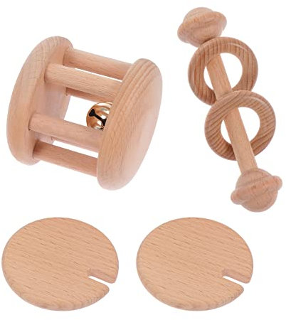 NUOBESTY 2Pcs Baby Wood Handbell Infant Rattle Toy Wood Grab Shaker Toy Wooden Teething Ring Teething Rattle Bracelet for Infants Musical Instrument Toy
