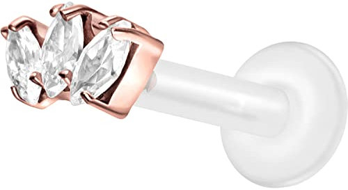 PIERCINGLINE PTFE Labret mit Gewinde TITAN AUFSATZ 3 Kristalltropfen Piercing Lippe Nase Ohr Helix Roségoldfarben 1,2 x 9 mm