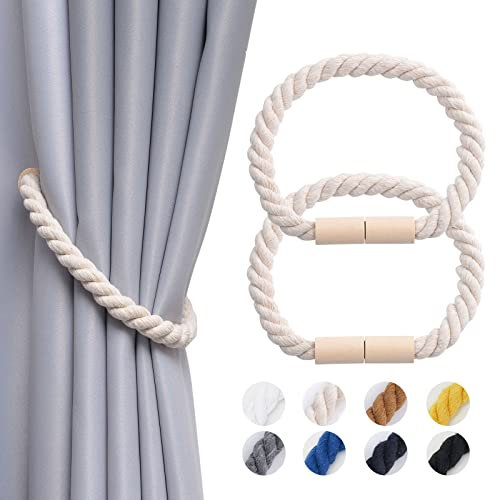 Pretty Jolly 2 Stück Magnetische Vorhang Raffhalter aus Holz, Boho, Heimdekoration, drapierte Raffhalter, handgefertigt, Baumwollseil, Vorhanghalter für Zuhause und Büro, Fenstervorhänge (Beige)
