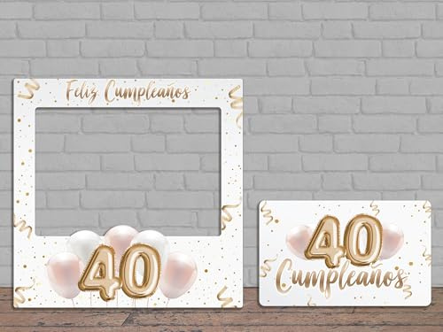 Oedim Photocall + Cartel Feliz 40 Cumpleaños Blanco, 80x80cm, 64x42cm, Photocall Decorativo para Eventos o Celebraciones puntuales