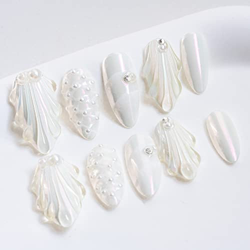 Sun&Beam Nails Handmade Press-on Medium Long Amlond White Sweet Pearl Rhinestone Design Fashion False Nail Tips 10 Pcs Set (#030 S)