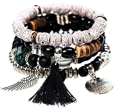 QKEPCY 4pcs Armband-Set mit Quasten Wickelarmband mit Naturstein Perlen Boho Mehrschichtiges Damen Armbänder Marmor-Armband mit Herz Perlen-Handkette verstellbar (Schwarz)