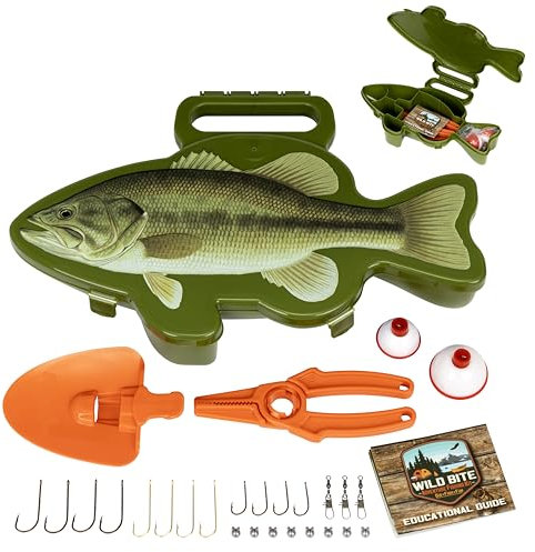 Flambeau Outdoors Wild Bite Fishing Tackle Box Kit | Green/BASS - Tackle Box for Beginners, 25-Piece Multi-Species Tackle Assortment for Catching Bass/Panfish/Trout, Spade and Plier Multi-Tool