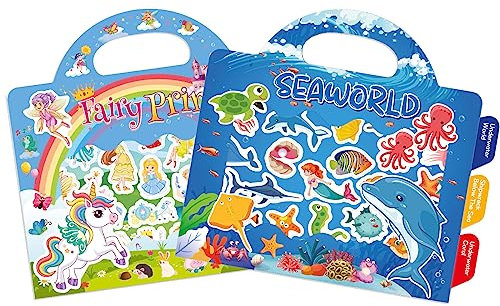 GUYUCOM 2 Pack Reusable Sticker Books for Toddlers, Durable No Glue Stickers for Kids, Activity Crafts for 2 3 4 Year Old Boys Girls Ocean Sea World Fairy Princess Toy Birthday Gifts