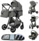 YAZOCO kinderwagen 3 in 1, Zusammenklappbar kinderwagen mit Wickeltasche,Komplettset Becherhalter,Moskitonetz, Fußabdeckung,Sitzzubehör (4 Dunkelgrau)