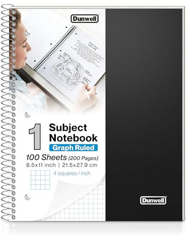 Dunwell Graph Paper Notebook - Black Plastic Cover, 100 Sheets 8.5x11 Graph Paper Spiral Notebook, 1/4 Inch Square Grid Notebook, Poly Pocket, Graph Notebook, Grid Paper Notebook Graphing Paper