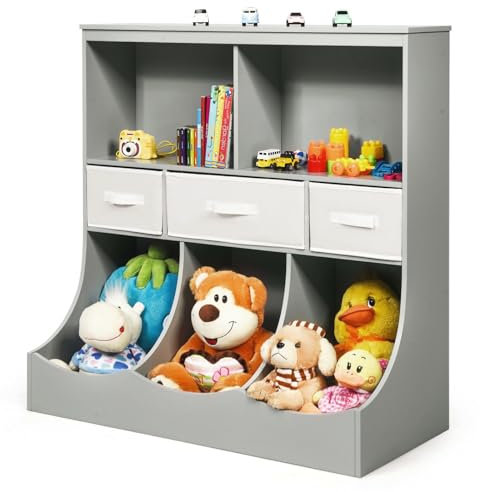 KOMFOTTEU Spielzeugregal Aufbewahrungsschrank für Bücher & Spielzeug, Spielzeugschrank mit 3 Schublade & 5 Aufbewahrungsfächer, offenes Bücherregal für Kinderzimmer Spielzimmer (Grau)