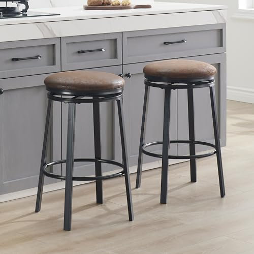 LIFUSTTG 24 Swivel Bar Stools Set of 2 – Round Backless Counter Stools with Leatherette Upholstery, for Kitchen Island, Breakfast Bar & Home Pub (Brown)