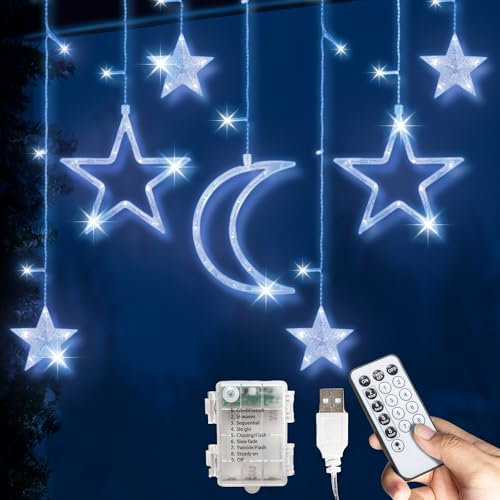 GloBrite Ramadan Decorations for Home - 138 LED Curtain String Lights, Moon & Star Battery Operated Ramadan Decorations w/ 8 Modes & Memory Function - Home Decor, Christmas, Party, Eid (Cool White)