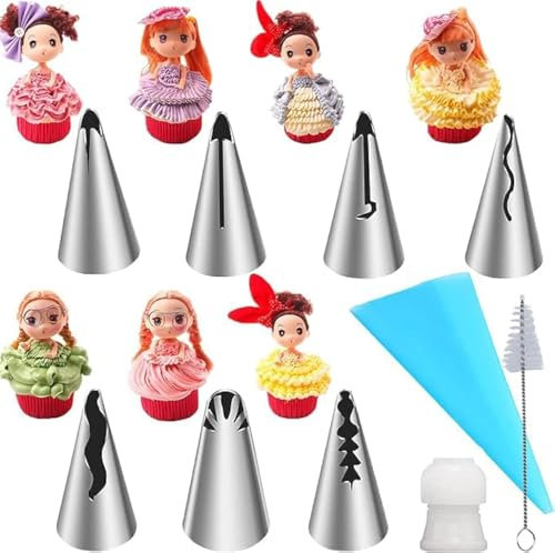 MDLJG 10pcs Cake Decorating Icing Piping Tip Set, Pleated Skirt PipingNozzles Set Ruffle Piping Tips Stainless Steel Frosting TipsDecorating Tips for Cake Cupcakes Cookies with A Cleaning Brush(10pcs)