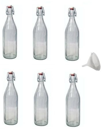 mille idee 6 Bottiglie bottiglia vetro con tappo meccanico 1 litro e imbuto in plastica