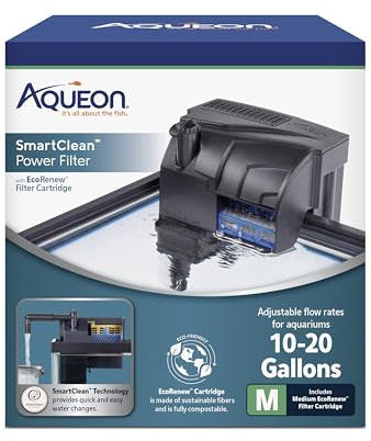 Aqueon SmartClean Power Filter with EcoRenew Filter Cartridge, Quick and Easy Water Changes, Quiet Operation, Adjustable Flow, for 10-20 Gallon Freshwater and Saltwater Aquariums, Medium