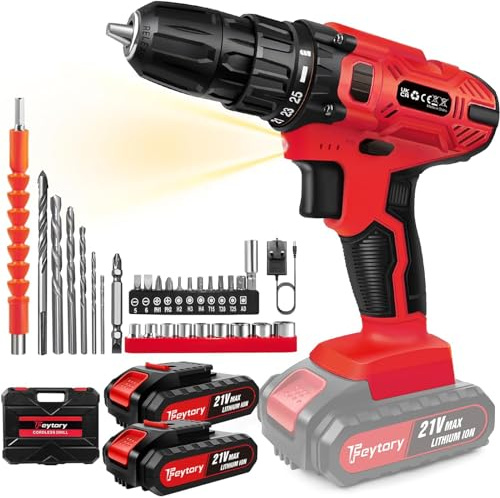 21V Akku Bohrschrauber Set，Akkuschrauber, mit 2 Akkus 1.5Ah,25+1 Drehmomentstufen, Akkubohrer 45Nm Drehmoment, LED-Licht, 29 Bohrer/Schrauberbits, für Hausreparatur, Heimwerke Rot