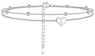 PROSILVER Buchstabe L Fußkettchen 925 Silber Initiale Charm mit 22+5cm zweilagige Knöchelarmband Fußkette mit Herz Sommer Strand Urlaub Fußschmuck Accessoire für Damen Mädchen
