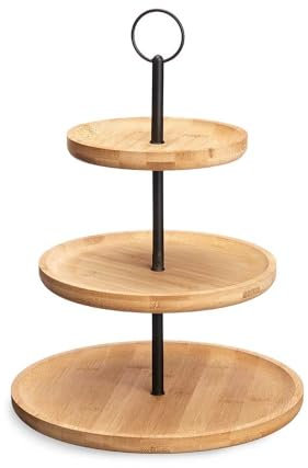 LEKE GO Frutero de bambu natural 3 pisos con soporte metal decorativa industrial y nórdico.