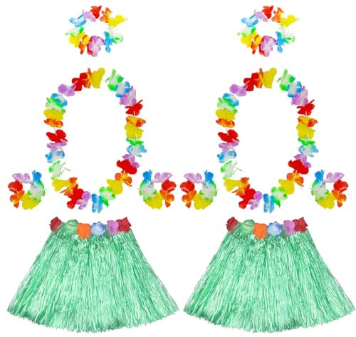 FUIPVGI 10 Stück Hawaii Hula Set Hawaii Party Kostüm Set Damen, Hawaiianisches Hula-Set mit Grün Grasrock Halskette Armbänder Stirnband, für Sommer Beachparty Deko Geburtstags (grün)