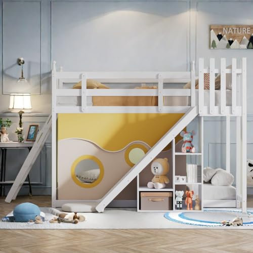 Cabane Enfants 90x200 Superposé Double Simple, Mezzanine, Protection Anti Chute, avec Escalier, Clôtures, Rideau, Toboggan et Étagère, Blanc