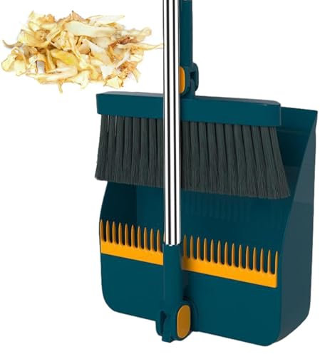 Dustpan Combo - Stand Up Broom and Dustpan Set, Garage sweper and Brush Set | Telescopic Long Handle Broom Combo with Dense Bristles Foldable Upright Standing Dustpan and Broom for Cleaning