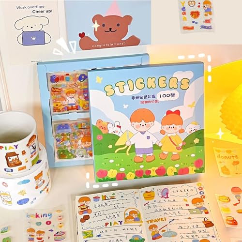 ZARADU Pack of 100 Kawaii Stickers, Cute Rabbit & Bear Stickers, Blue & Multi-Colored, PVC Material, Kawaii Sticker Set, Decorate Notepads, Mobile Phones, Laptops