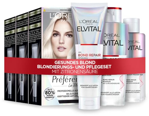 L'Oréal Paris Blondierungsroutine: Préférence Le Blonding 9L Helles Platinblond + Elvital Bond Repair Pflege (Pre-Shampoo, Shampoo, Spülung) - Für strahlend blondes Haar, [Amazon Exclusive], 6-teilig