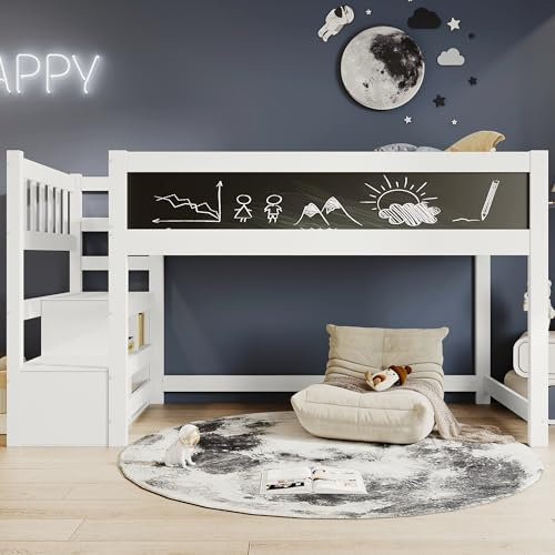 Moimhear Letto a soppalco per bambini con lavagna, contenitore e protezione anticaduta 90x200 cm, letto a soppalco bianco per bambini - rete a doghe - bianco