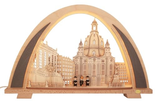 Handgefertigter Schwibbogen Dresdner Frauenkirche mit farbigen Figuren aus Erzgebirge. Stimmungsvolle Weihnachtsdekoration und besonderes Geschenk für Sammler traditioneller Holzkunst.