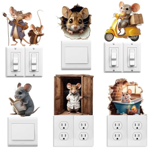 Peacoblue Lichtschalter-Platten-Aufkleber, Etiketten, Aufkleber, 6 Stück, 17,8 x 17,8cm Mäuse für Zuhause, dekorativ, lustige, abziehen und aufklebende Licht-Wandsteckdosen-Aufkleber