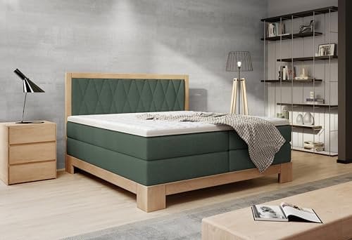 Kontinentalbett für das Schlafzimmer Skandinavisches Boxspringbett 180x200cm Aus Heller Eiche-Modernes Design Mit Ergonomischer Matratze Und Kaltschaum-Topper Farbe Grün