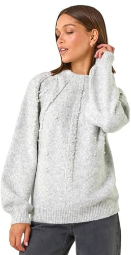 Roman Originals Pearl Embellished Cable Knit Jumper for Women UK - Ladies Everyday Autumn Winter Round Neckline Comfy Soft Evening Vacation Work Party Night Out - Light Grey - Size 14