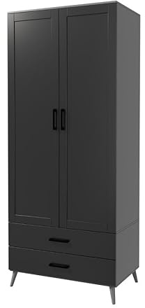 URBNLIVING 180cm White Ash Grey Black Freestanding Wardrobe 2 Door 2 Drawer Shelf Modern Clothes Storage Cupboards Unit for Bedroom Hanging Rail with Wooden Legs