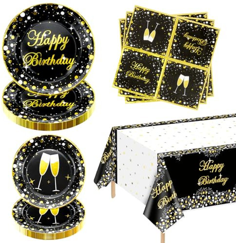 61 piezas de suministros de fiesta negros y dorados, platos dorados y negros, servilletas de oro negro, mantel para cumpleaños, graduación, decoraciones de fiesta de boda, sirve a 20 invitados