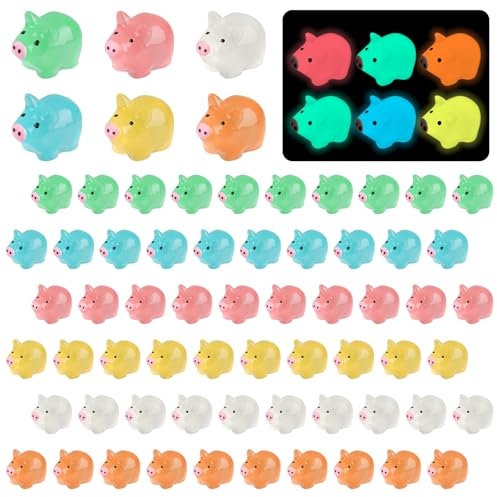 Tikplus Schwein Mini Figuren, Kleine Schwein 60 Stück, Niedliche Schweinchen Deko, Harz Tiere Spielzeug, Leuchtende Bunt Schwein, DIY Puppenhaus Zubehör für Miniatur Garten Landschaft (6 Farben)