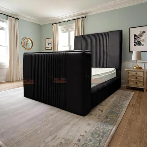 ark future Genna Plush TV Bed Frame – Modern & Comfortable Upholstered Bed with Integrated TV Lift Mechanism, Stylish Storage for Bedroom Entertainment (Black, 4FT6 Double)