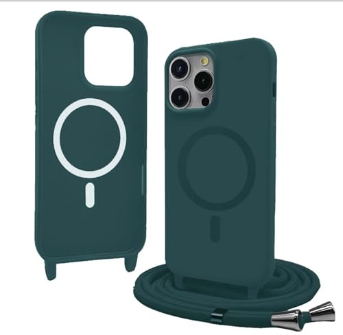 Bigcousin Funda Magnética con Cuerda Compatible con iPhone 14 Pro,Compatible con Magsafe,Silicona Caso con Correa Colgante Ajustable Collar Correa de Cuello Cadena Cordón,Verde