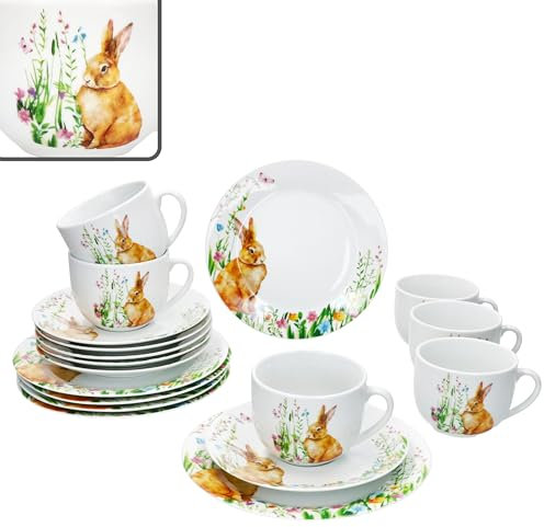 MamboCat 18tlg Kaffeeservice Osterfreude I frühlingshaftes Porzellan-Geschirr mit Osterhasen-Dekor für 6 Personen I Je 6X Tassen 200ml, Untertassen & Teller für Frühstück & Kaffee